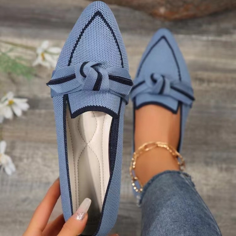 Pointed Knot Bow Top Ballet Flat Casual Loafer Contrast Color Slip-on Shoes Blue
